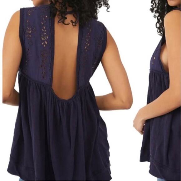 Free People NWT Womens S Bella Babydoll Top Blue Open Back Peasant High Neck - Picture 1 of 9